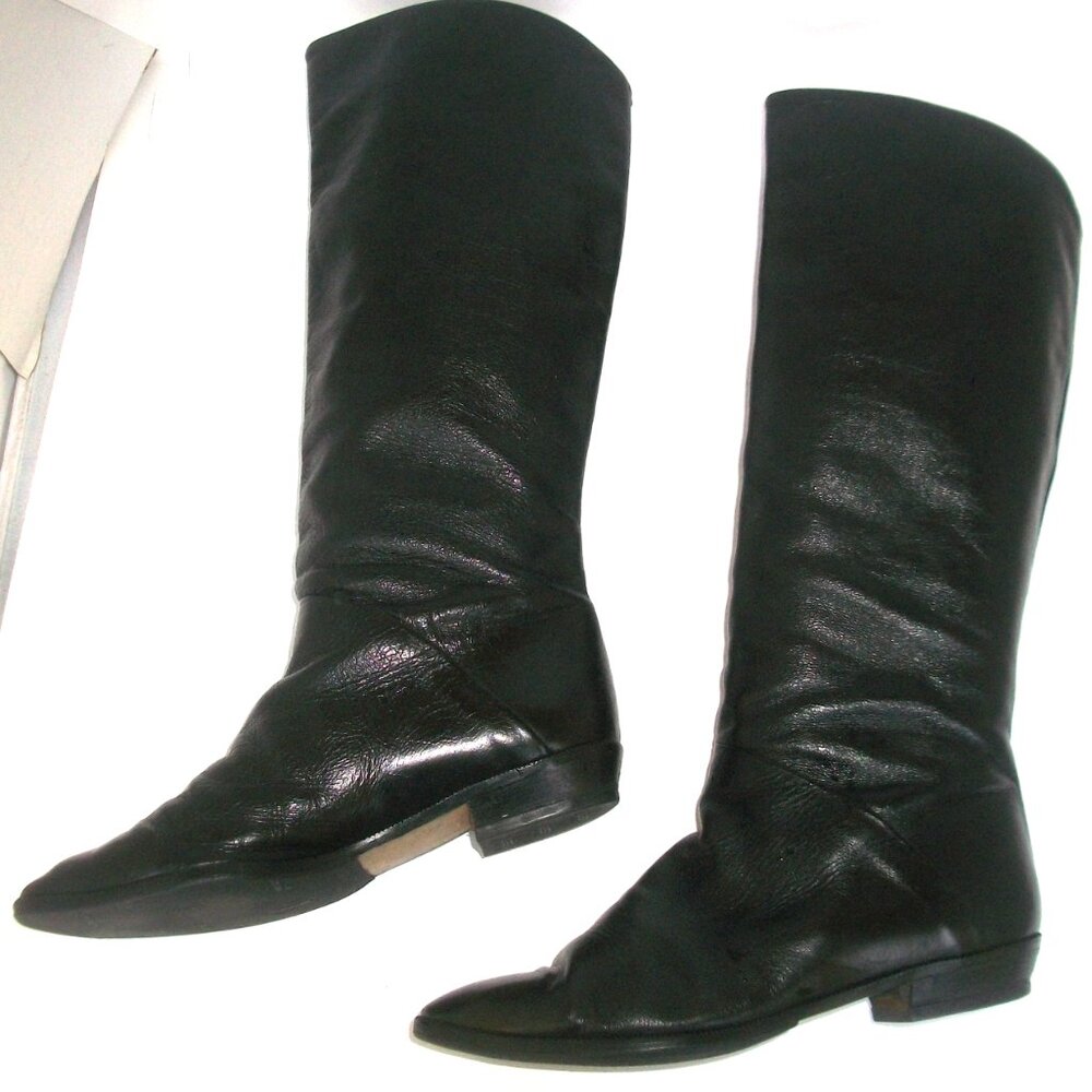 Vintage Seventies-Eighties Tall Black Leather Flat Boots